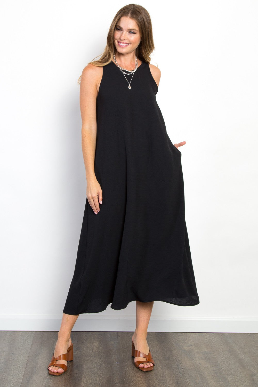 Sleeveless a line Midi Tank Dress with Pockets