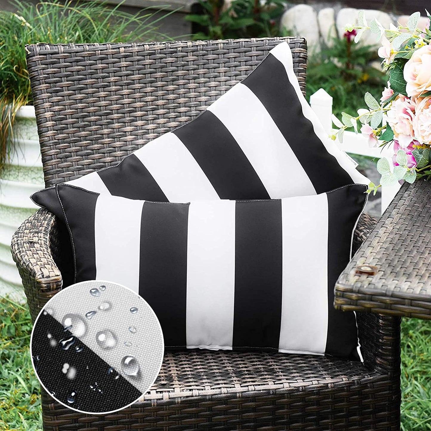Western Home Pack of 2 Decorative Outdoor Solid Waterproof Striped Throw Pillow Covers Polyester Linen Garden Farmhouse Cushion Cases for Patio Tent Balcony Couch Sofa 18X18 Inch Black