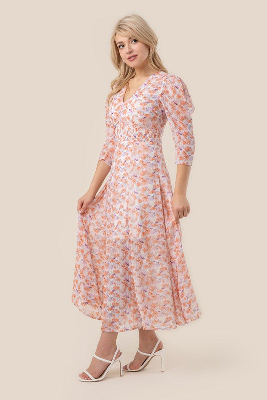 Orange Pink Floral V neck maxi dress
