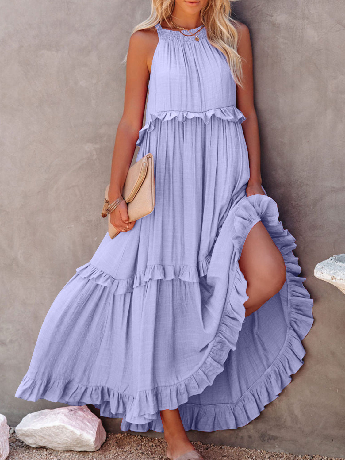 Natural Ruffled Sleeveless Maxi Dress with Pockets