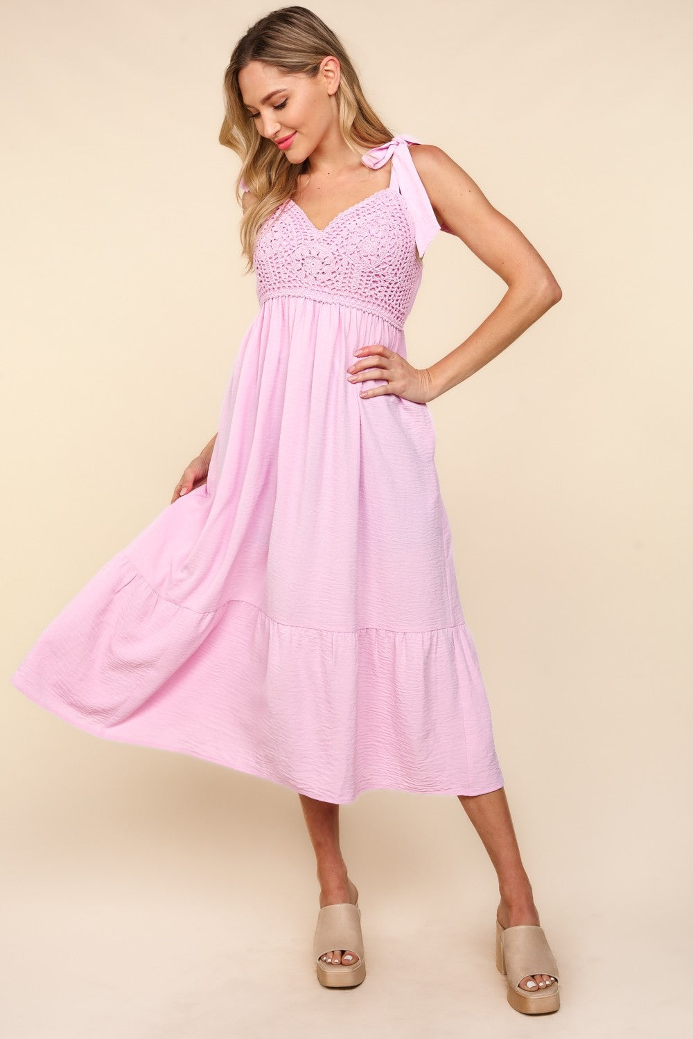 Shoulder Ribbon Haptics Crochet Lace Ruffle Hem Cami Midi Dress