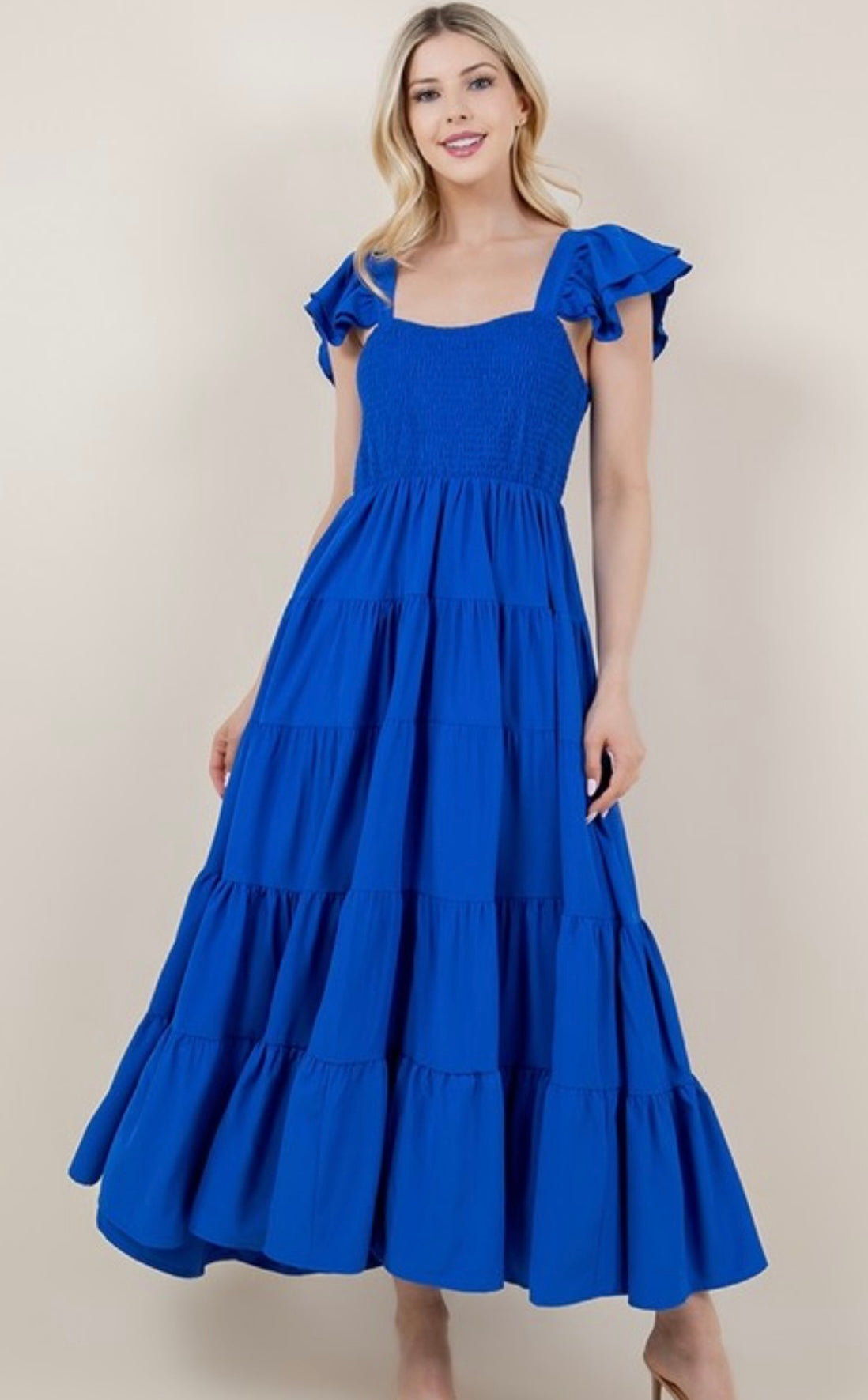 Women's Cobalt Blue Ruffle Sleeve Midi Summer Dress
