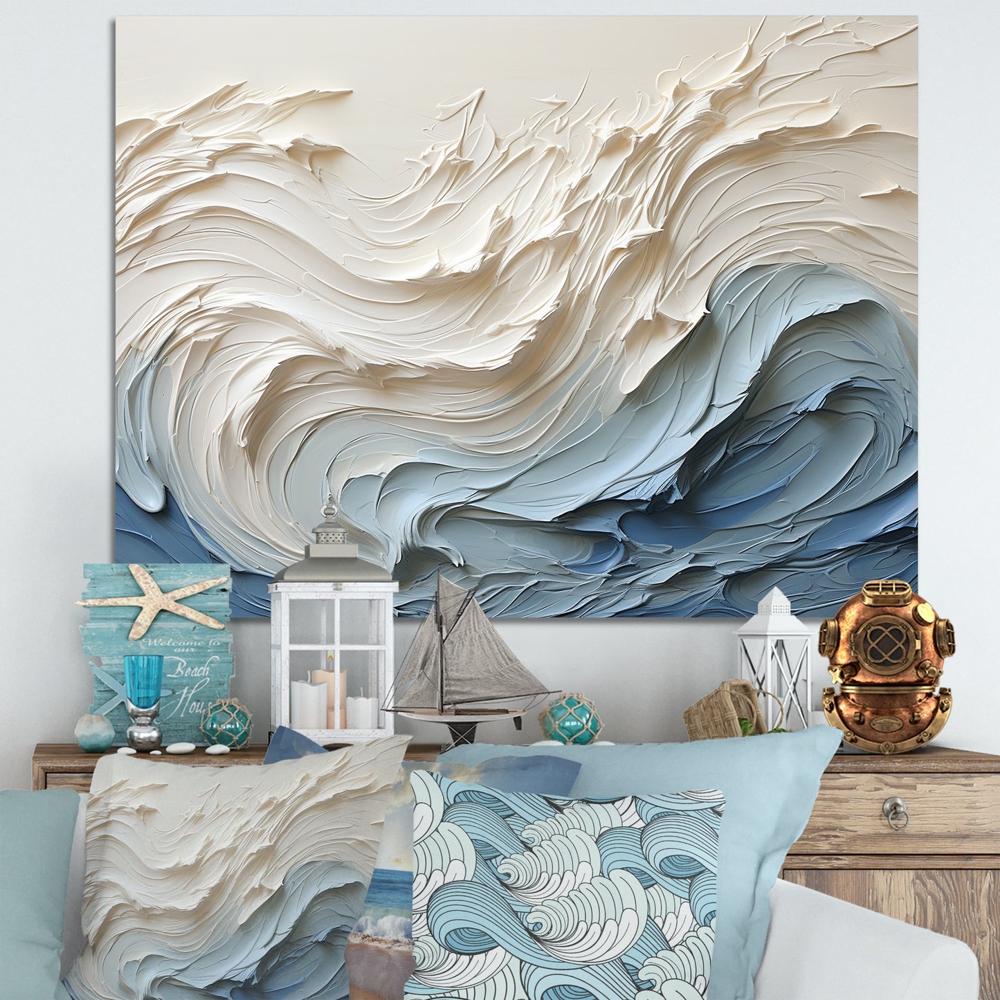 Designart "White and Blue Wave Papercut Style " Coastal Waves Wall Art