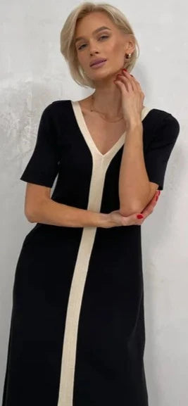 Black and White Elegant Short Sleeve Summer Knitted Dresses Slit Maxi Dress Black White Long Knitted Dresses