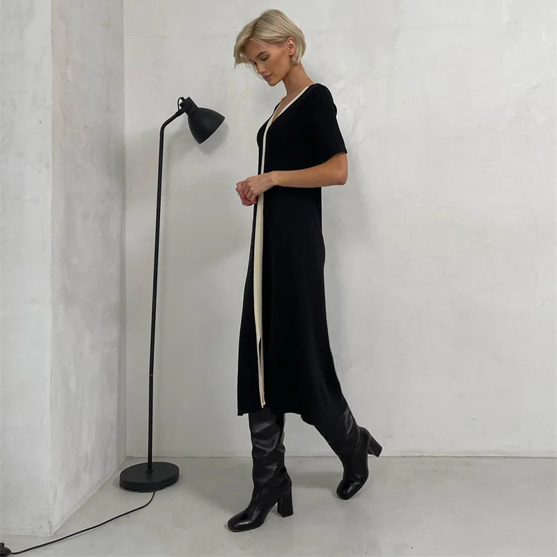 Black and White Elegant Short Sleeve Summer Knitted Dresses Slit Maxi Dress Black White Long Knitted Dresses