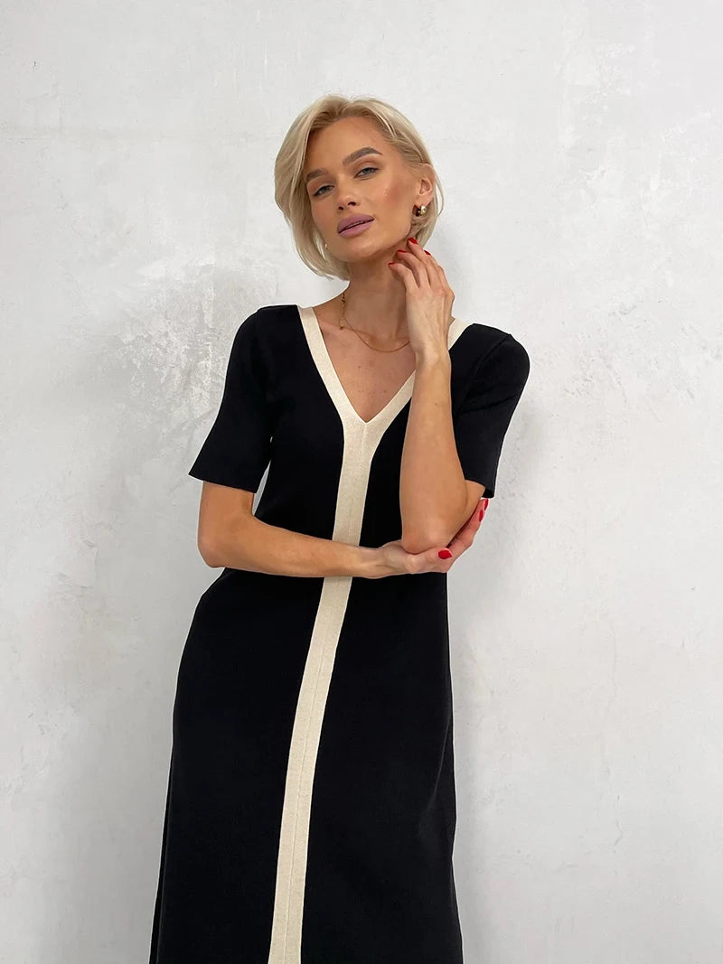 Black and White Elegant Short Sleeve Summer Knitted Dresses Slit Maxi Dress Black White Long Knitted Dresses