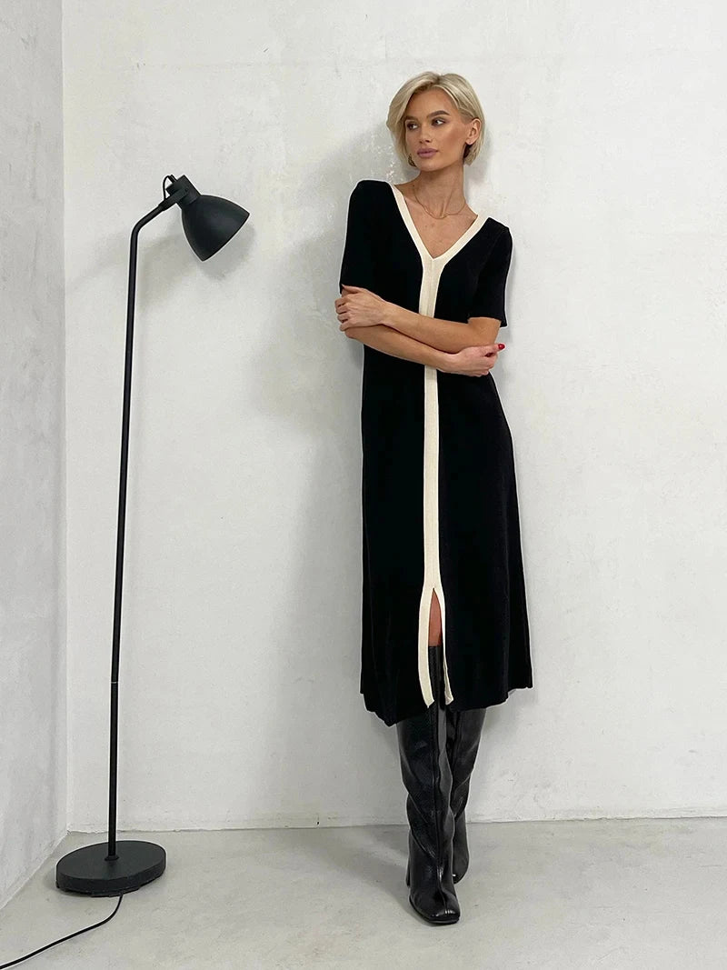 Black and White Elegant Short Sleeve Summer Knitted Dresses Slit Maxi Dress Black White Long Knitted Dresses