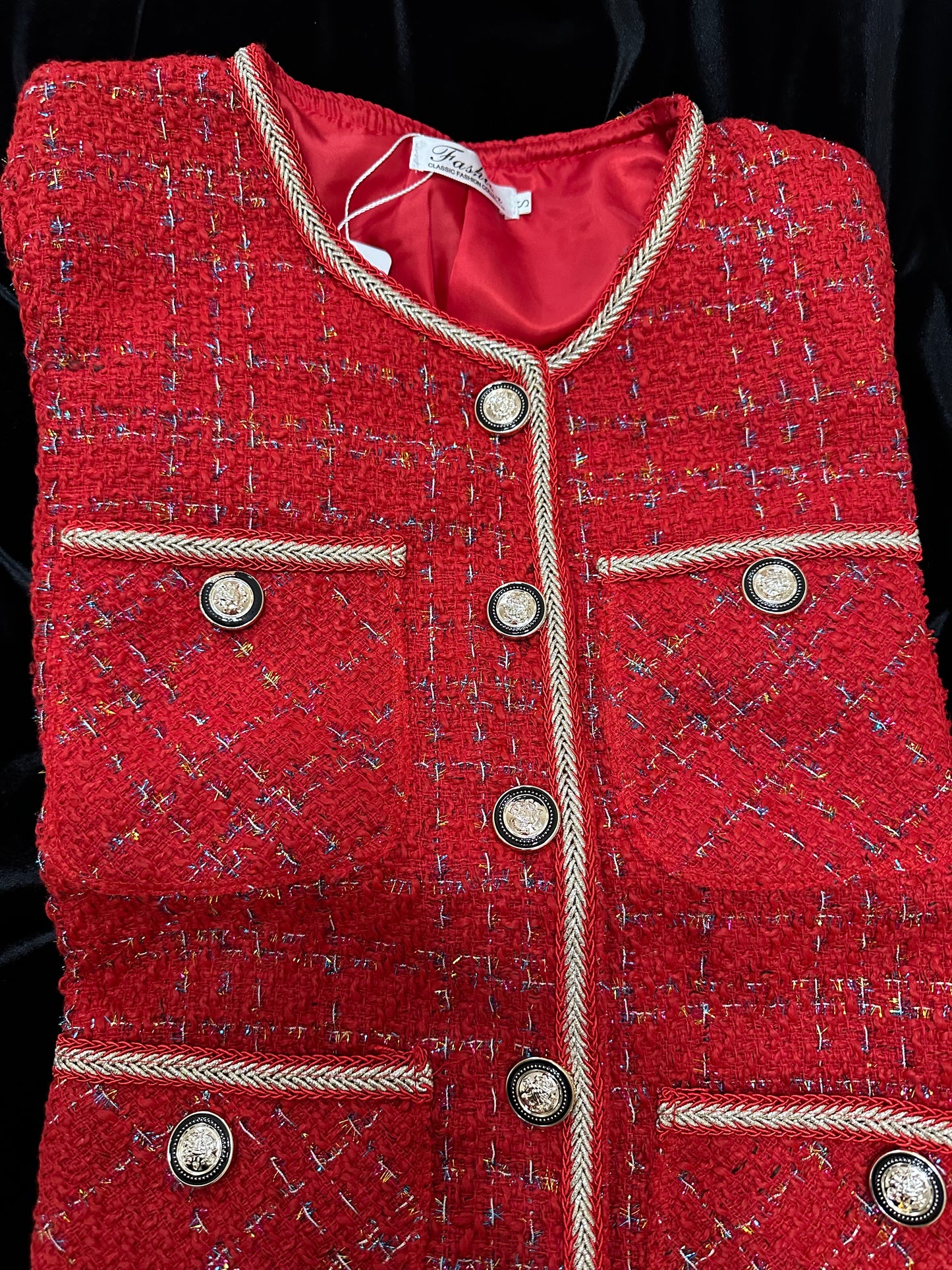 Scarlet Red Tweed Blazers Women New Autumn Winter Loose O-Neck Single-Breasted Suit Jacket