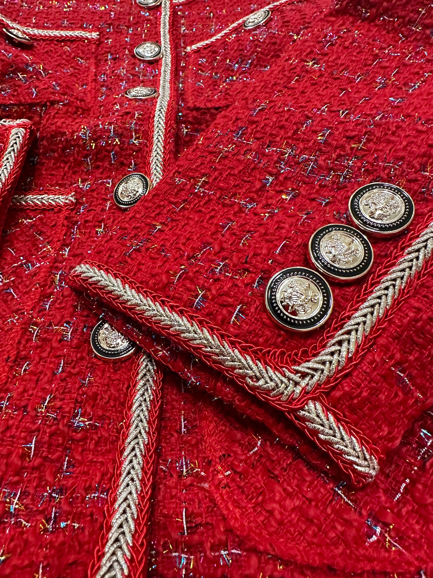 Scarlet Red Tweed Blazers Women New Autumn Winter Loose O-Neck Single-Breasted Suit Jacket