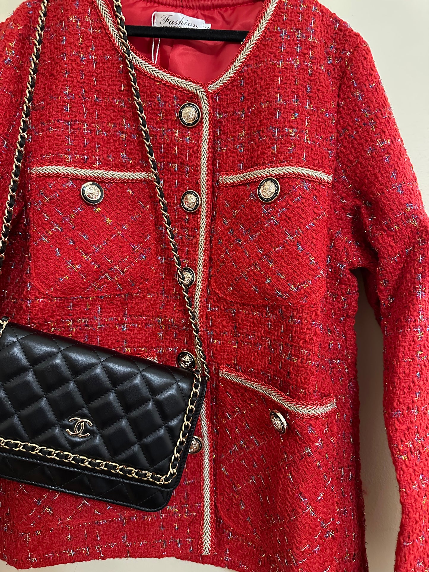 Scarlet Red Tweed Blazers Women New Autumn Winter Loose O-Neck Single-Breasted Suit Jacket