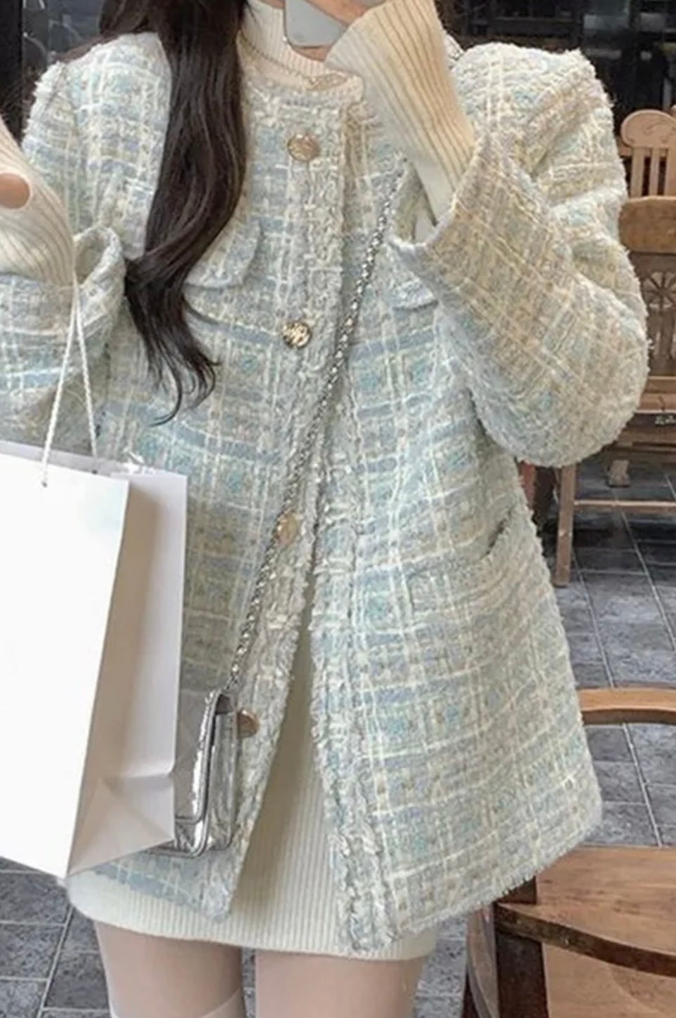 Pastel Tone Color French Style Fashion Sweet Plaid Tweed Jacket Women Luxury Coats Outwear O-Neck Elegant Lady Blazers