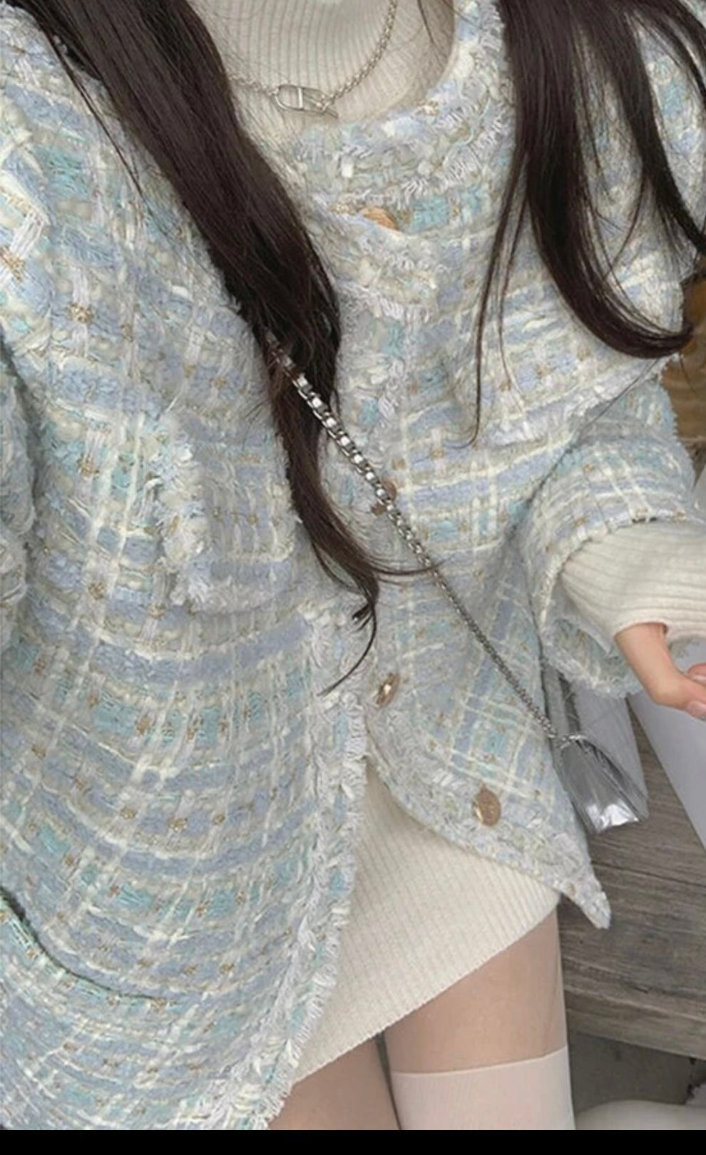 Pastel Tone Color French Style Fashion Sweet Plaid Tweed Jacket Women Luxury Coats Outwear O-Neck Elegant Lady Blazers