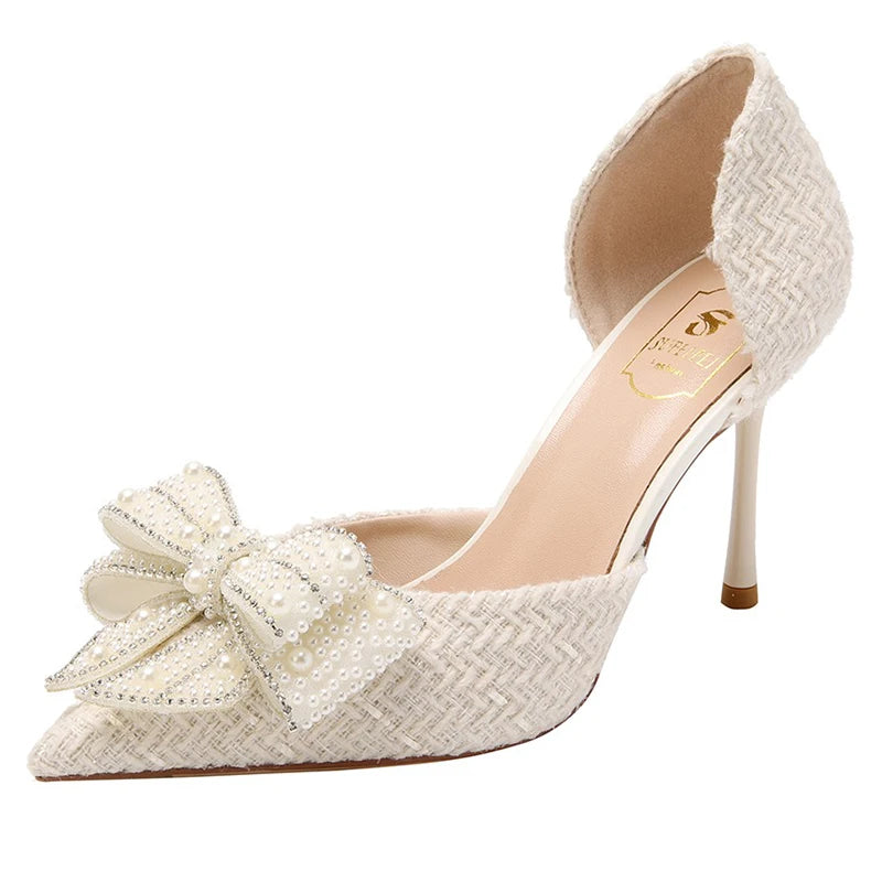 Pearl Crystal Bowtie White Wedding Shoes for Party Women