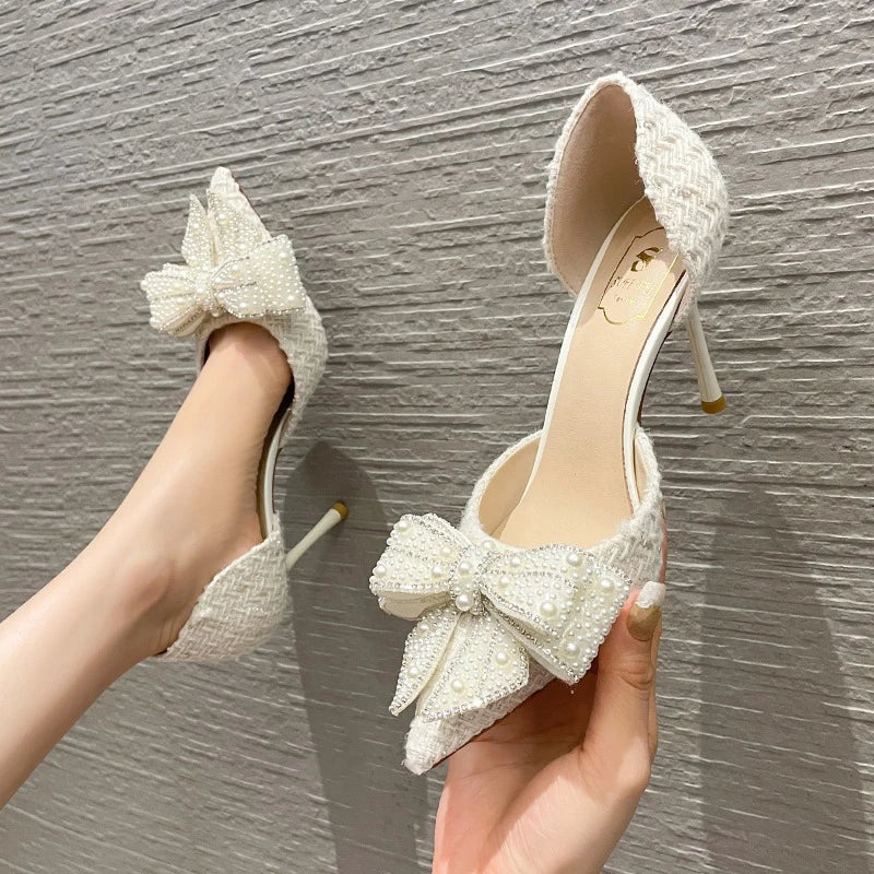 Pearl Crystal Bowtie White Wedding Shoes for Party Women