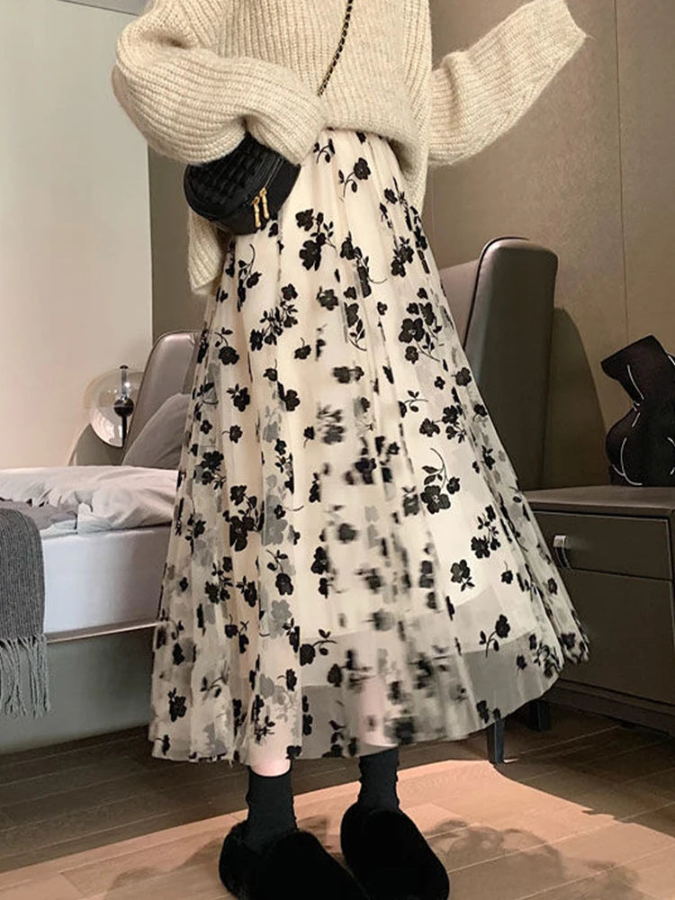 Pastel tone light weight Floral Skirt Women Lace Flocking Big Swing Elastic High Waisted Elegant Party A-Line Skirt