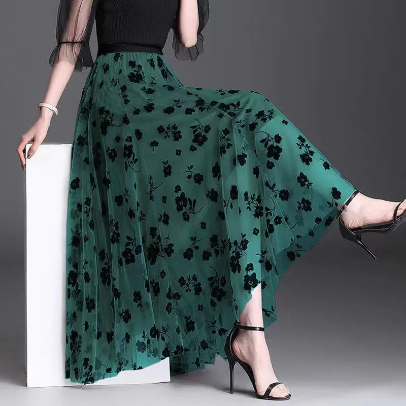 Pastel tone light weight Floral Skirt Women Lace Flocking Big Swing Elastic High Waisted Elegant Party A-Line Skirt