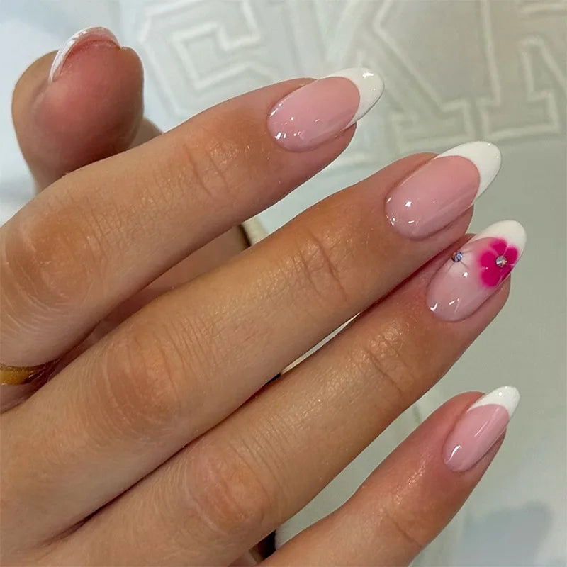 White French Press on Nails 3D Bowknot Fake Nails Tips Full Cover Wearable False Nails for Women and Girls DIY Manicure 24Pcs