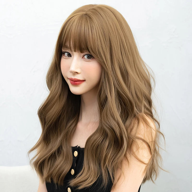 Elegant WIGS Body Wavy Wig Long Loose Curly Brown Wig for Women Daily Use High Density Synthetic Layered Hair Wigs with Bangs