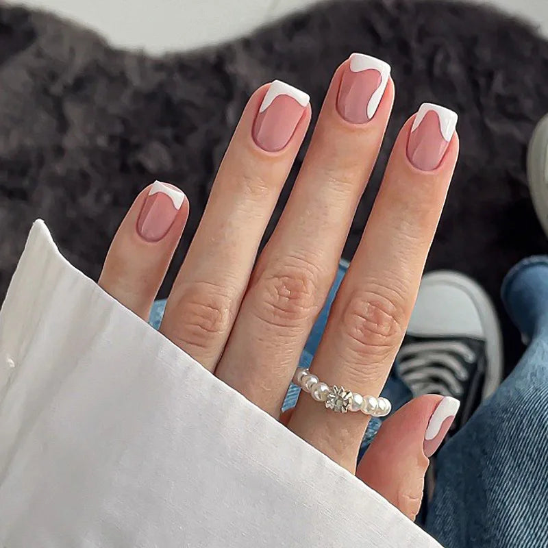 White French Press on Nails 3D Bowknot Fake Nails Tips Full Cover Wearable False Nails for Women and Girls DIY Manicure 24Pcs