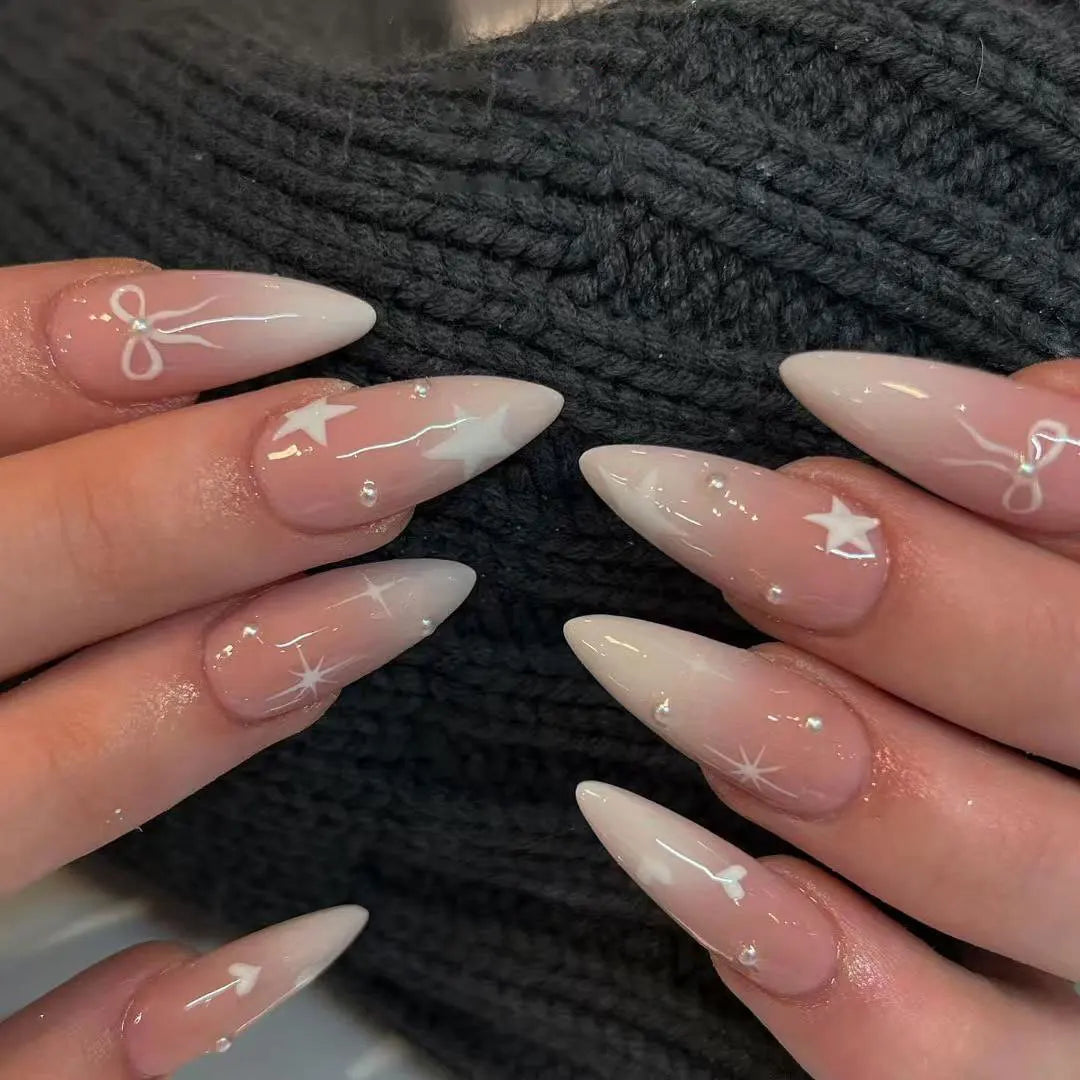 White French Press on Nails 3D Bowknot Fake Nails Tips Full Cover Wearable False Nails for Women and Girls DIY Manicure 24Pcs
