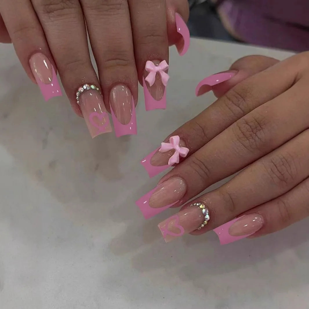 White French Press on Nails 3D Bowknot Fake Nails Tips Full Cover Wearable False Nails for Women and Girls DIY Manicure 24Pcs