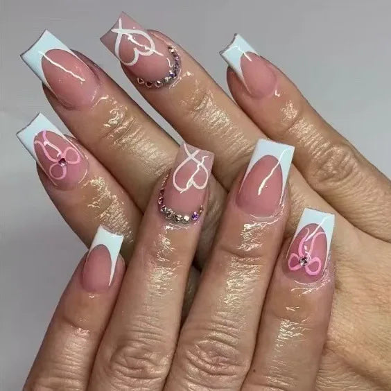 White French Press on Nails 3D Bowknot Fake Nails Tips Full Cover Wearable False Nails for Women and Girls DIY Manicure 24Pcs