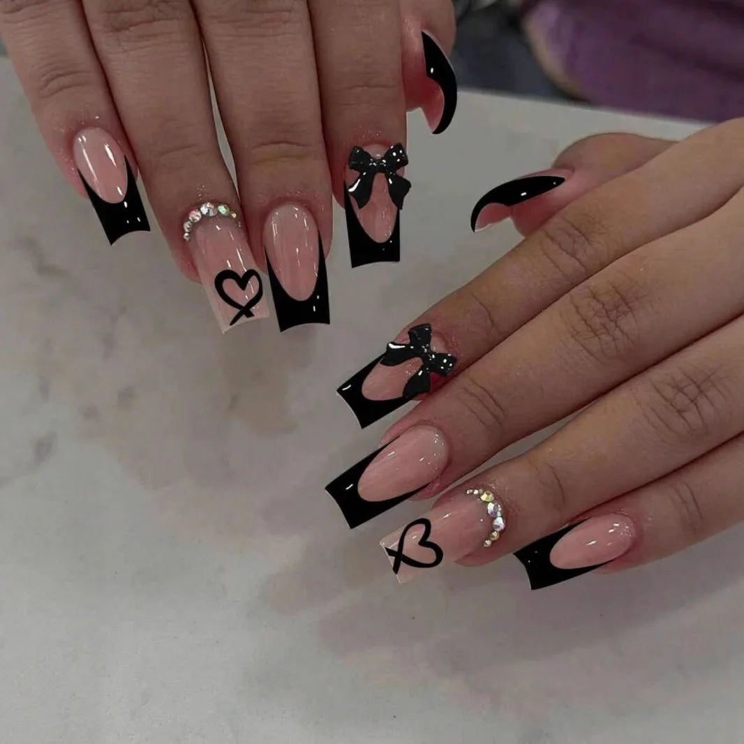 White French Press on Nails 3D Bowknot Fake Nails Tips Full Cover Wearable False Nails for Women and Girls DIY Manicure 24Pcs