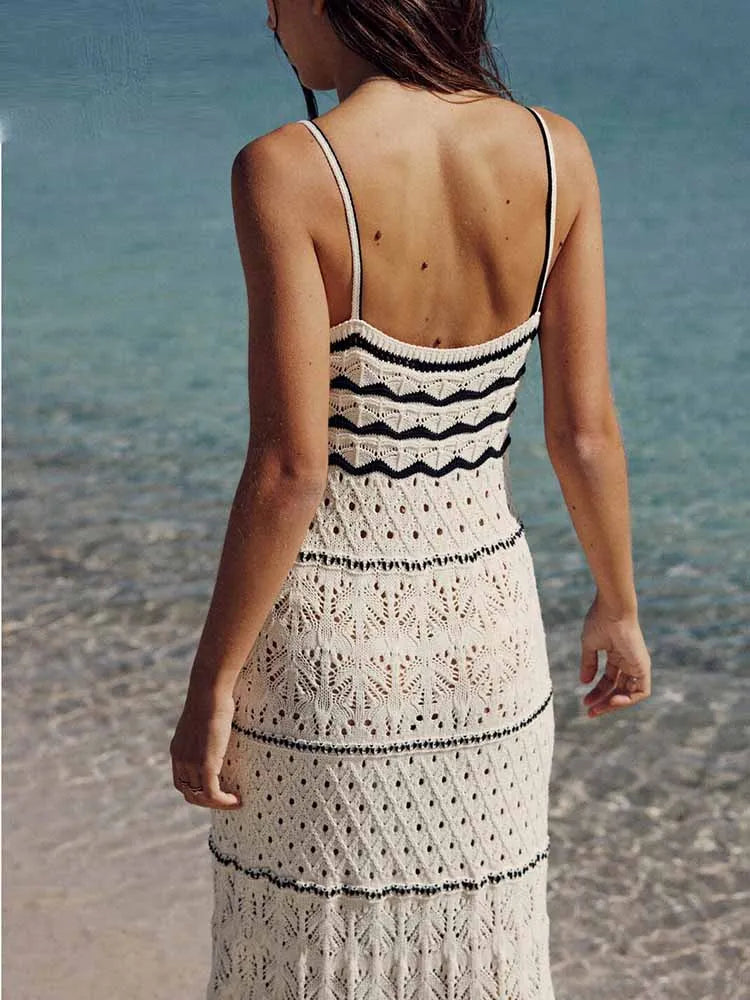 White and Black Knitted Women's Slim Sling Midi Long Dress