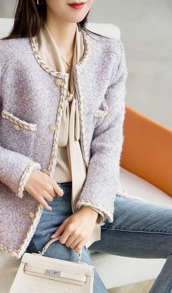 Lavender Cream Purple Lovely New Tweed Blazer Women New Loose Jacket