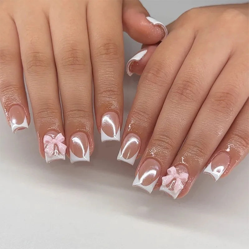 White French Press on Nails 3D Bowknot Fake Nails Tips Full Cover Wearable False Nails for Women and Girls DIY Manicure 24Pcs