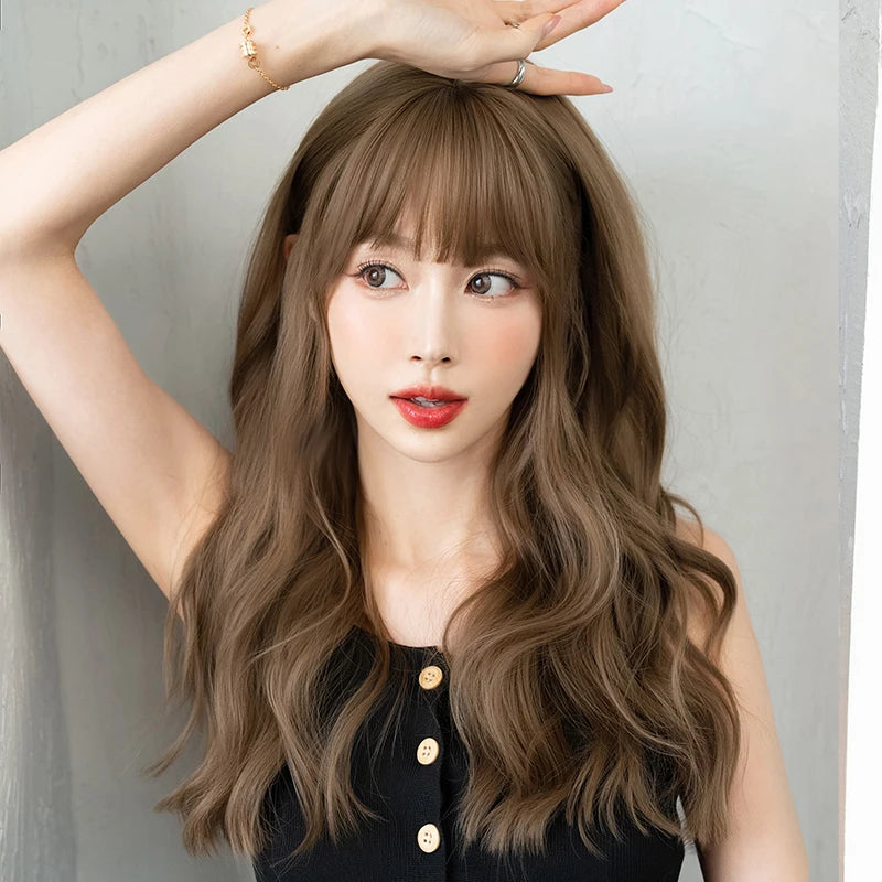 Elegant WIGS Body Wavy Wig Long Loose Curly Brown Wig for Women Daily Use High Density Synthetic Layered Hair Wigs with Bangs