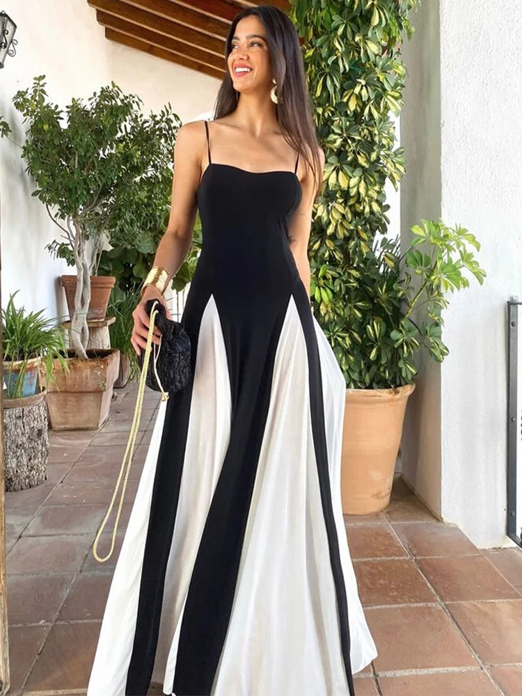 Elegant Black & White Patchwork Dress Women Sleeveless A-line Maxi Party Dresses