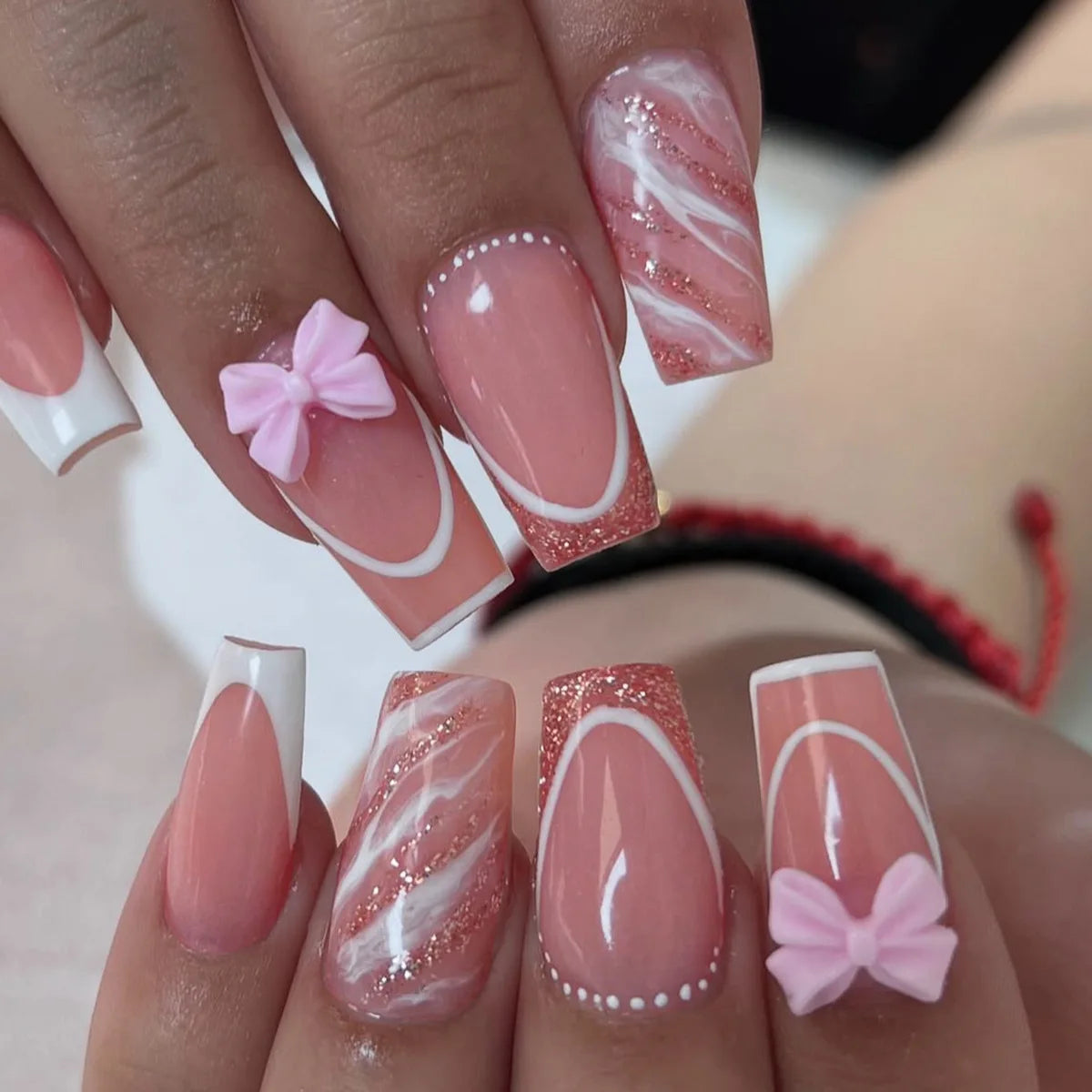 White French Press on Nails 3D Bowknot Fake Nails Tips Full Cover Wearable False Nails for Women and Girls DIY Manicure 24Pcs
