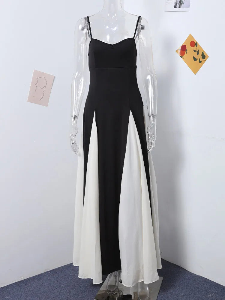 Elegant Black & White Patchwork Dress Women Sleeveless A-line Maxi Party Dresses