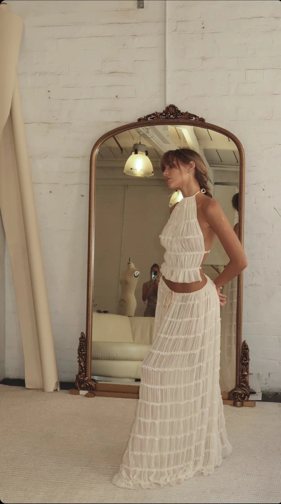 White Backless Sling Halter Neck Top Lace Up Fold Maxi Skirt Set