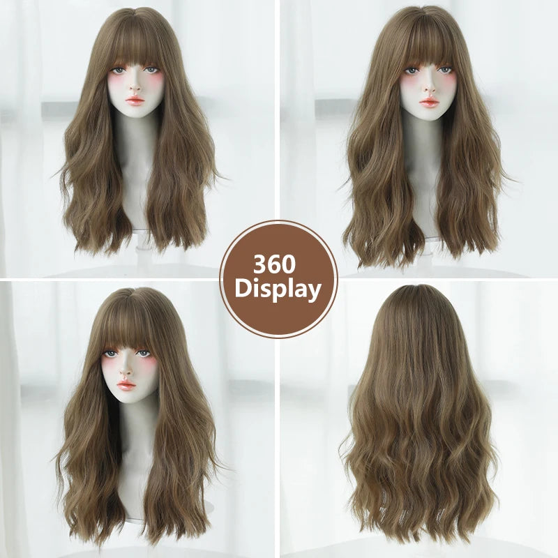 Elegant WIGS Body Wavy Wig Long Loose Curly Brown Wig for Women Daily Use High Density Synthetic Layered Hair Wigs with Bangs