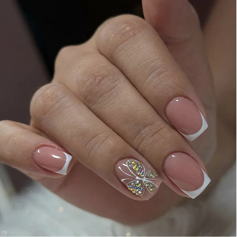 White French Press on Nails 3D Bowknot Fake Nails Tips Full Cover Wearable False Nails for Women and Girls DIY Manicure 24Pcs