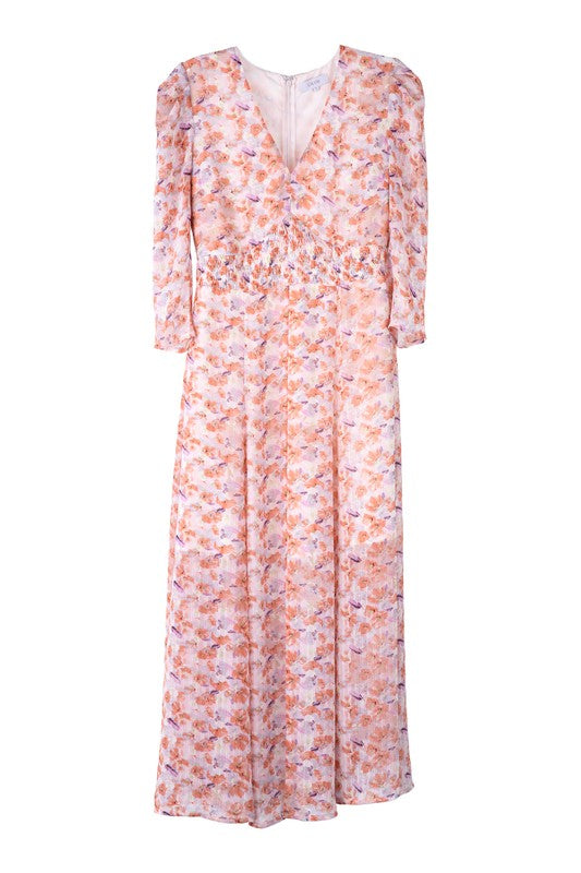 Orange Pink Floral V neck maxi dress