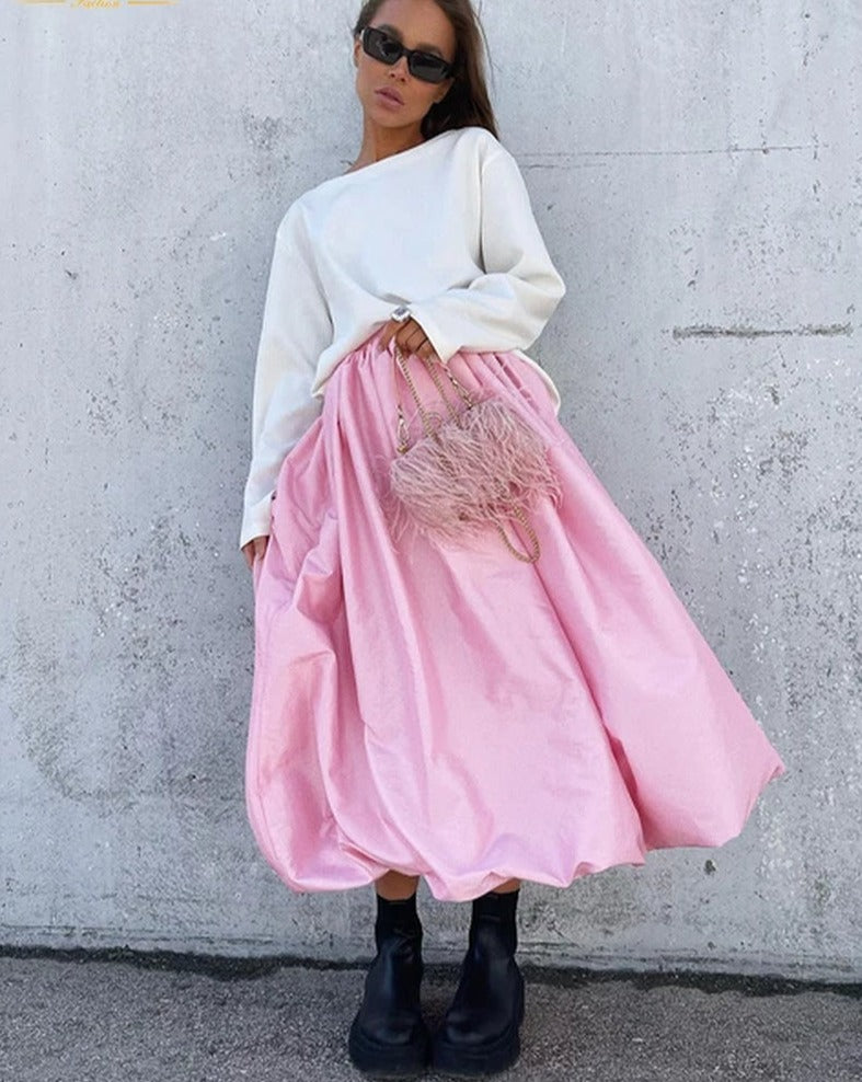 Fashion Beige Satin Skirts for Women Elegant High Waist Office Lady Ankle-Length Skirt Casual Loose Skirt Female Clothes