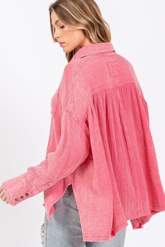 FIG Frayed Hem Side Slit Button Down Shirt