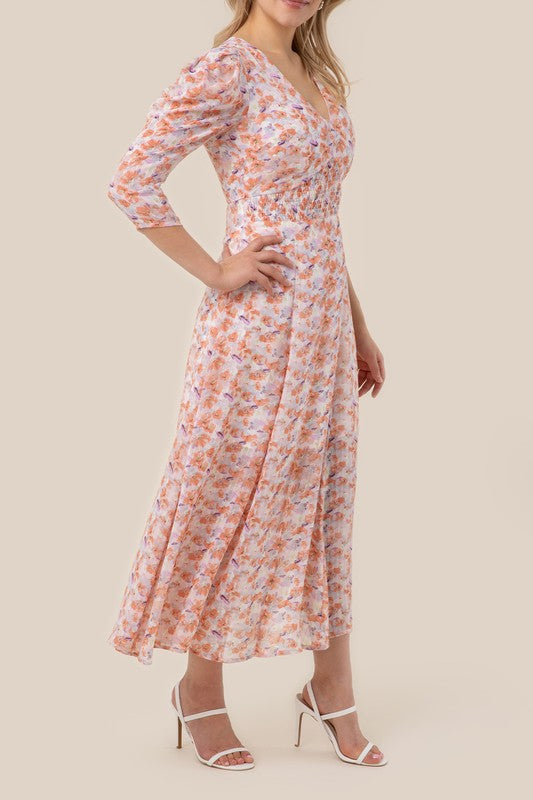 Orange Pink Floral V neck maxi dress