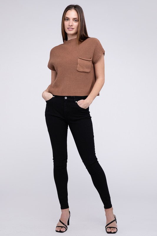 Natural Knit Mock Neck Short Sleeve Cropped Sweater
