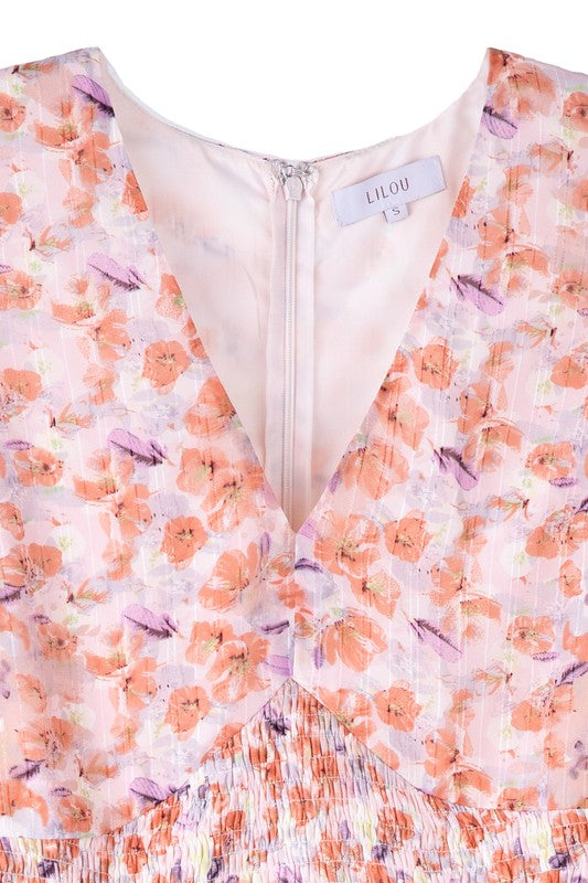 Orange Pink Floral V neck maxi dress