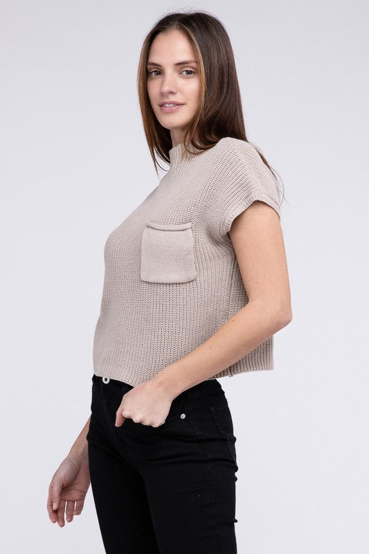 Natural Knit Mock Neck Short Sleeve Cropped Sweater