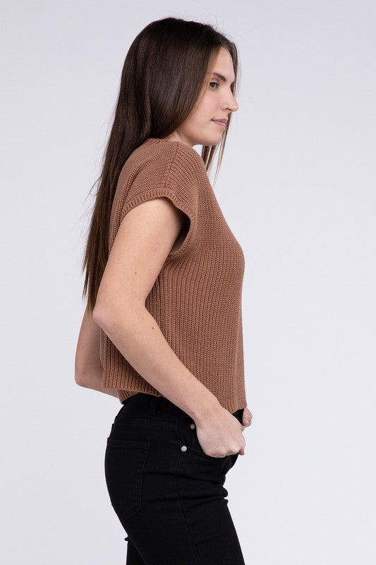 Natural Knit Mock Neck Short Sleeve Cropped Sweater