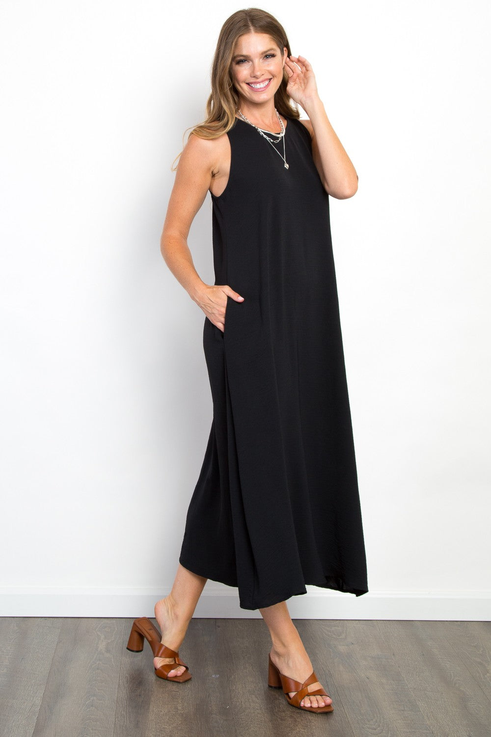 Sleeveless a line Midi Tank Dress with Pockets
