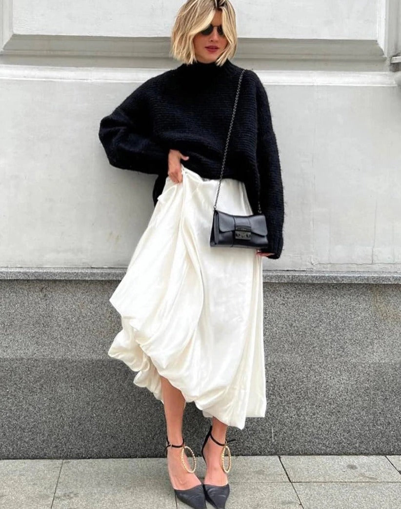 Fashion Beige Satin Skirts for Women Elegant High Waist Office Lady Ankle-Length Skirt Casual Loose Skirt Female Clothes