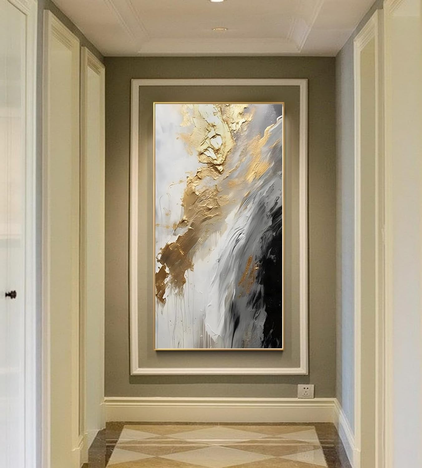 Gold Abstract Oil Painting on Canvas for Entrance-Hall, Framed White and Black Wall Art for Living Room, Home Decoration 24X48Inch