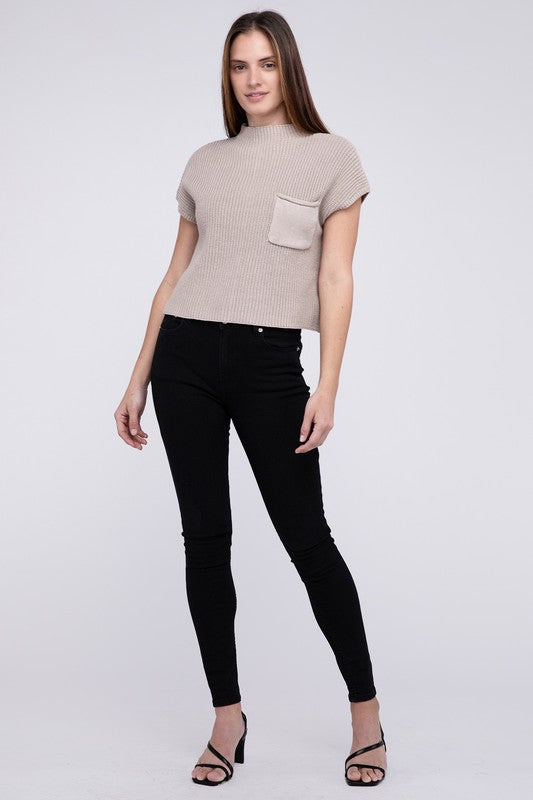 Natural Knit Mock Neck Short Sleeve Cropped Sweater