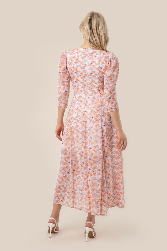 Orange Pink Floral V neck maxi dress